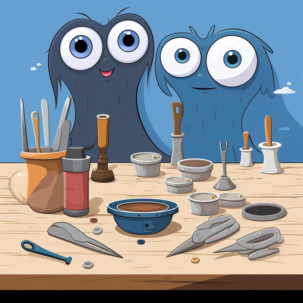 A set of clay, googly eyes, and clay shaping tools on a table.