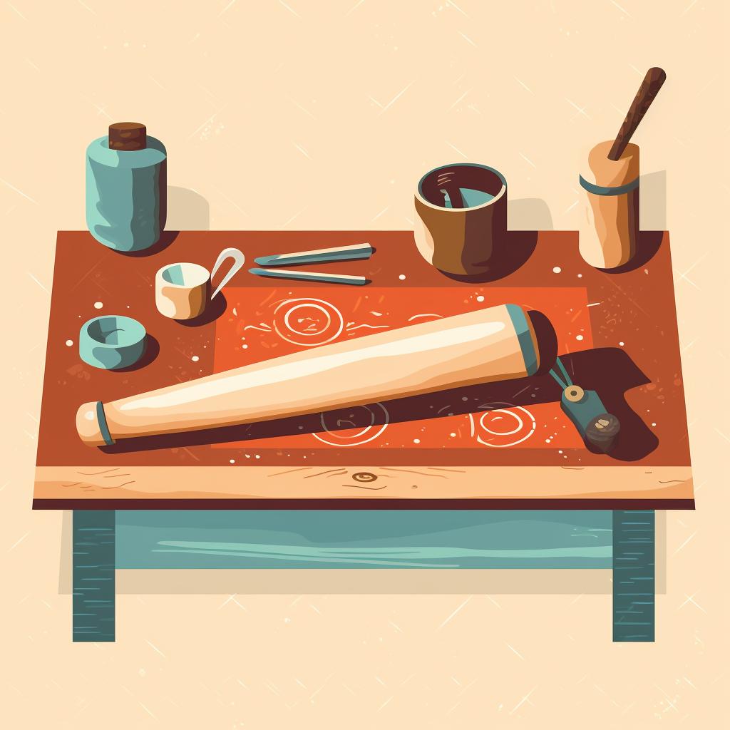 Clay, rolling pin, clay cutter, a picture, and paints on a table.