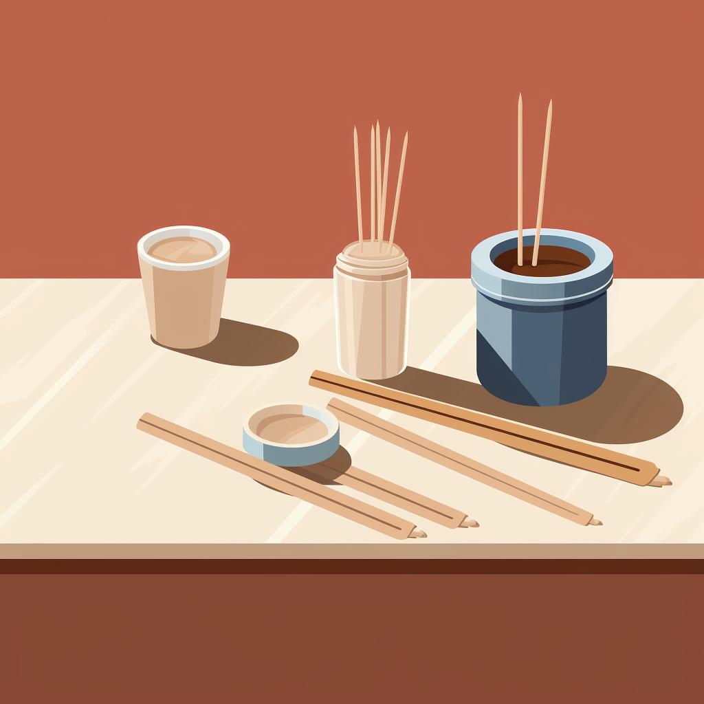 Clay, toothpick, string, and cutting tool arranged on a table.