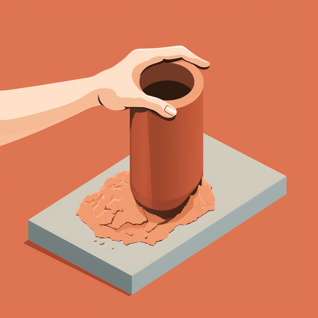Clay rectangle being shaped into a cylinder