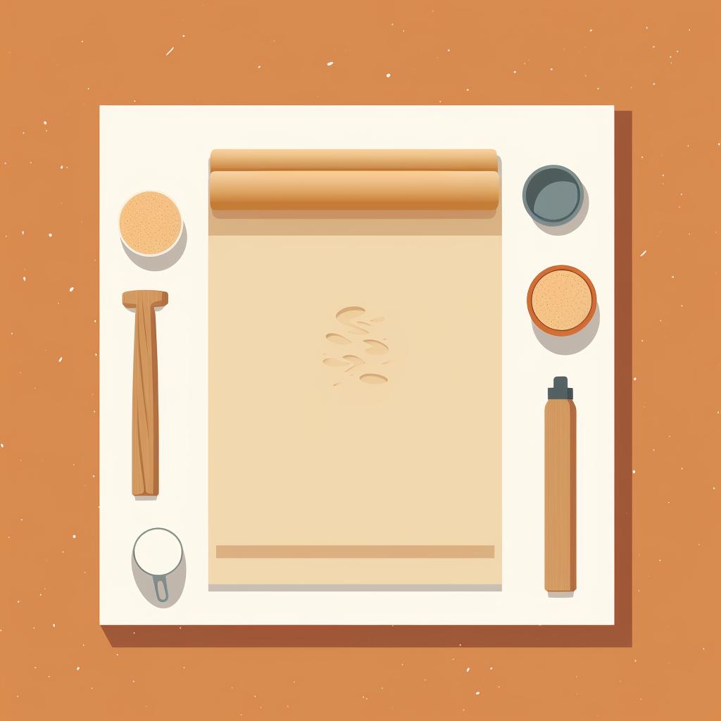 A flat lay of clay, rolling pin, clay cutter, toothpick, and baking sheet.