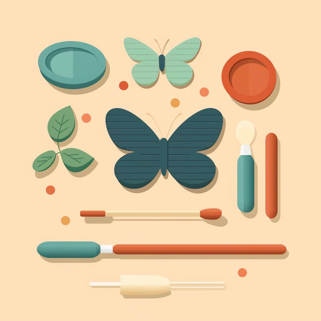 A collection of different colored clays, a rolling pin, a butterfly-shaped cookie cutter, and a toothpick arranged on a table.