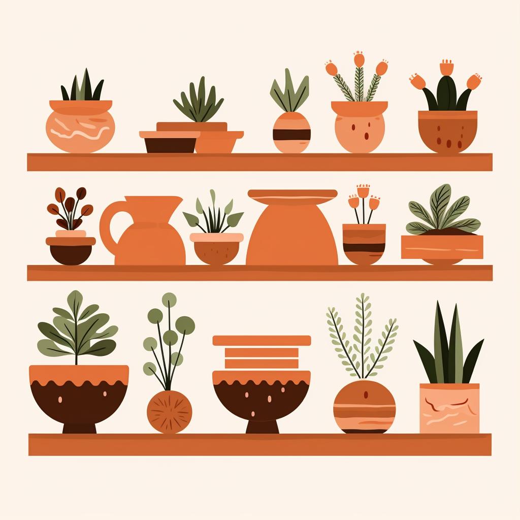 A collection of clay pots, potting soil, small plants, and fairy garden accessories.