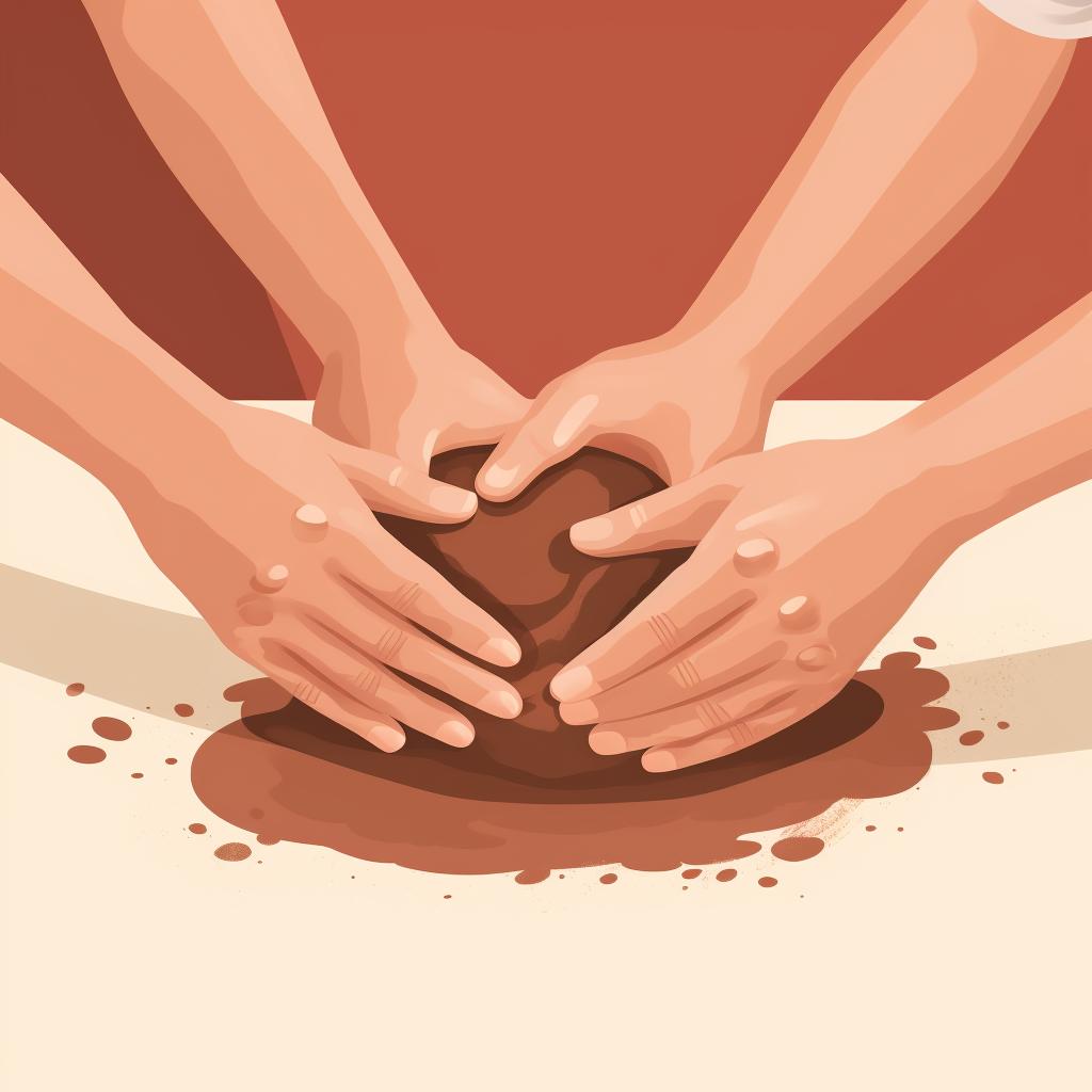 Hands kneading clay on a flat surface
