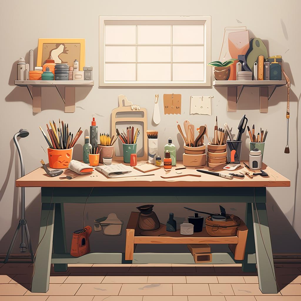 A clean workspace with clay, a work surface, and sculpting tools neatly arranged.