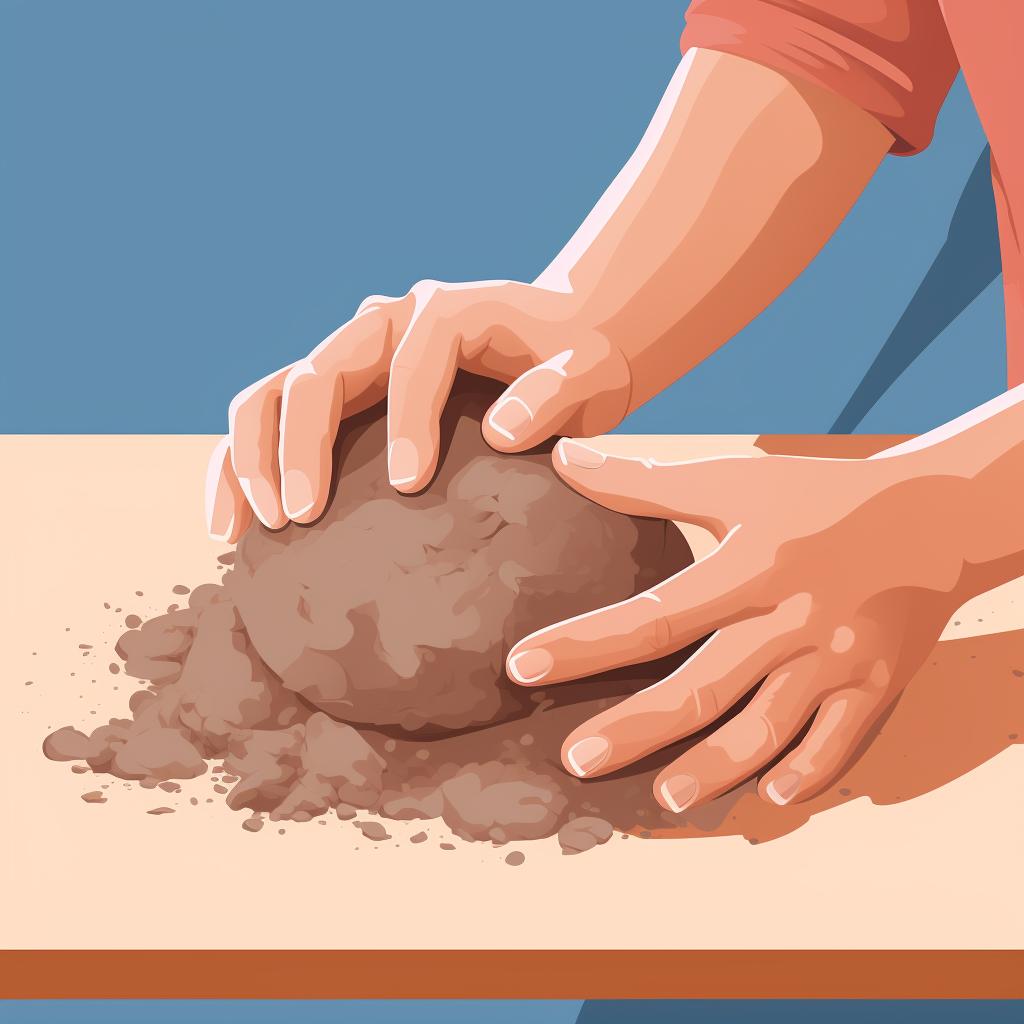 Hands kneading a lump of clay on a work surface.