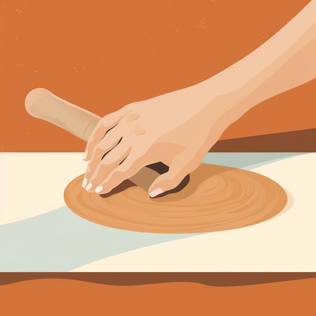 Hands using a rolling pin to flatten clay.