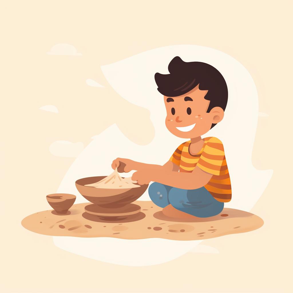 Child shaping the clay into a bowl and plate