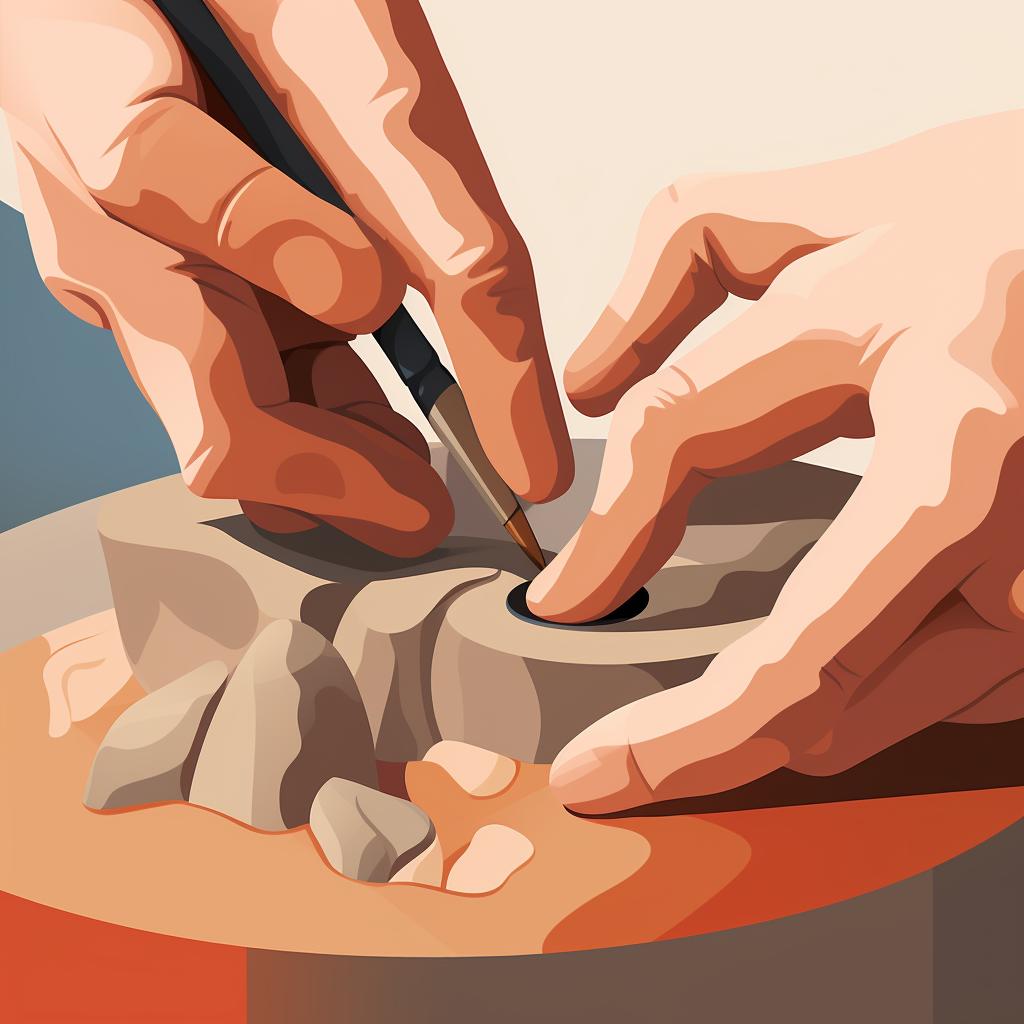 Close-up of hands using a tool to add details to a clay shape.