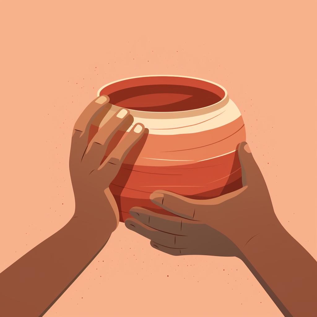 Fingers shaping and smoothing the walls of a clay pot
