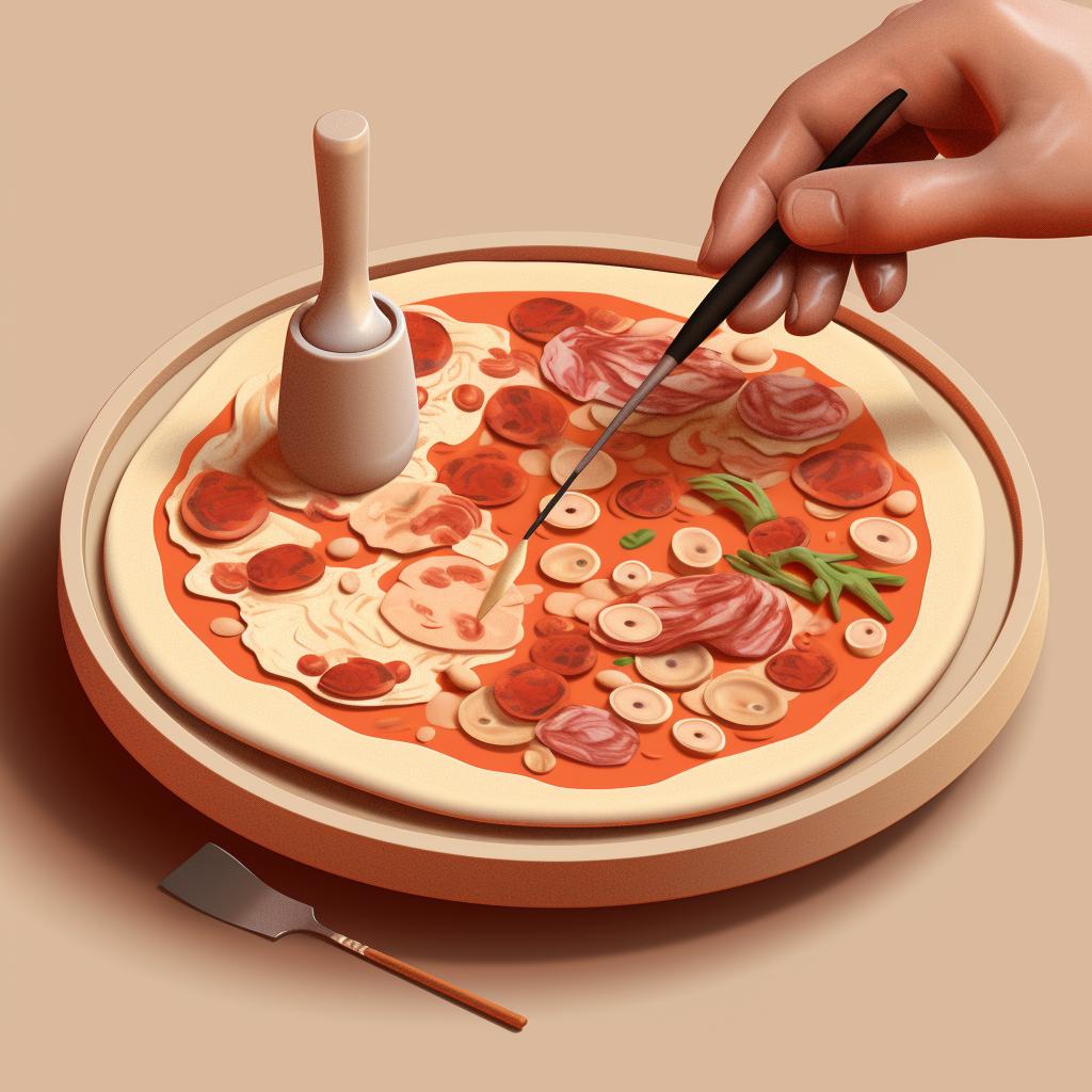 Adding red and brown clay details to the miniature clay pizza.