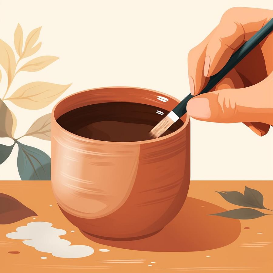 Applying glaze on a clay mug with a brush