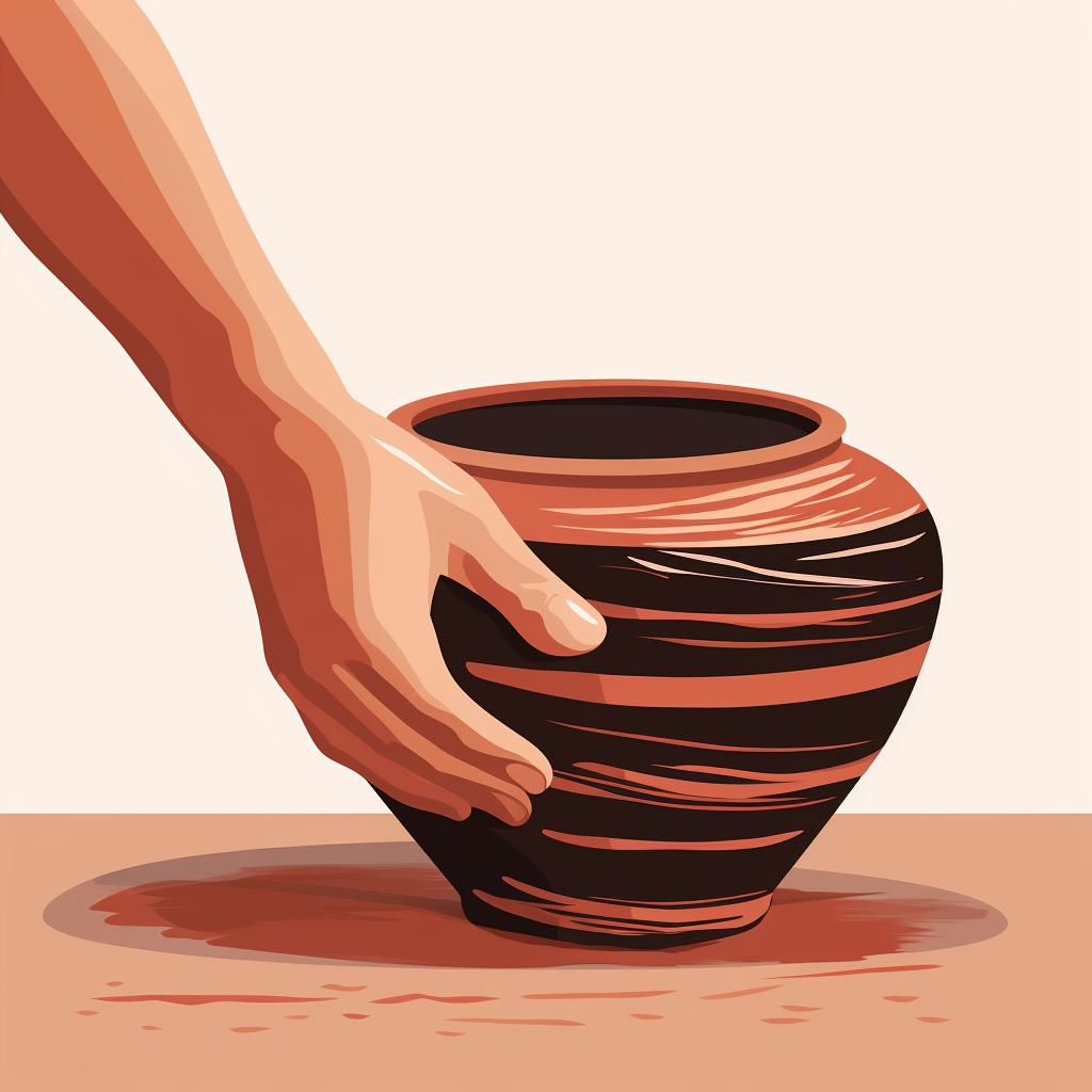 Hand smoothing the surface of a clay pot with a pottery rib