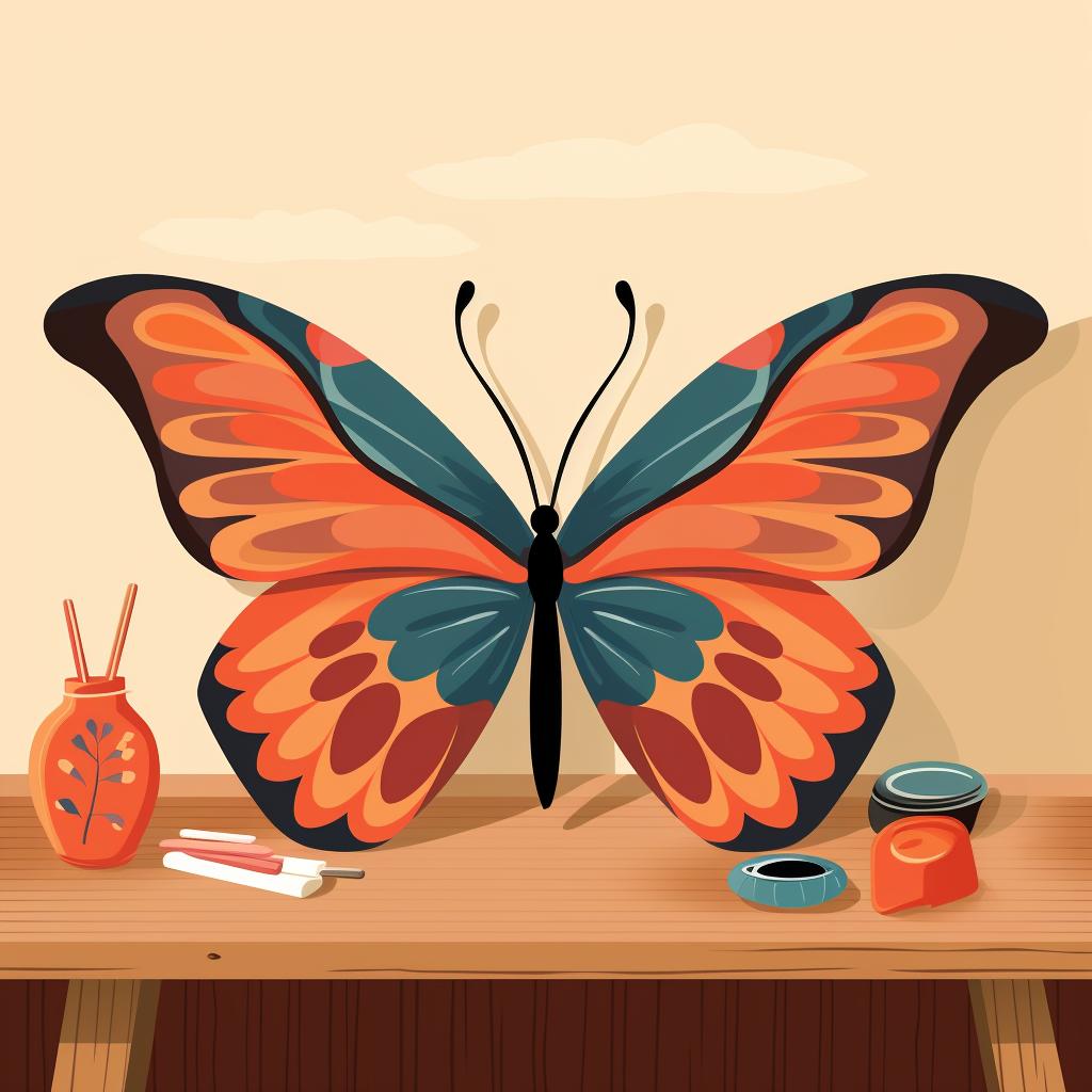 A colorful clay butterfly sitting on a table, drying.