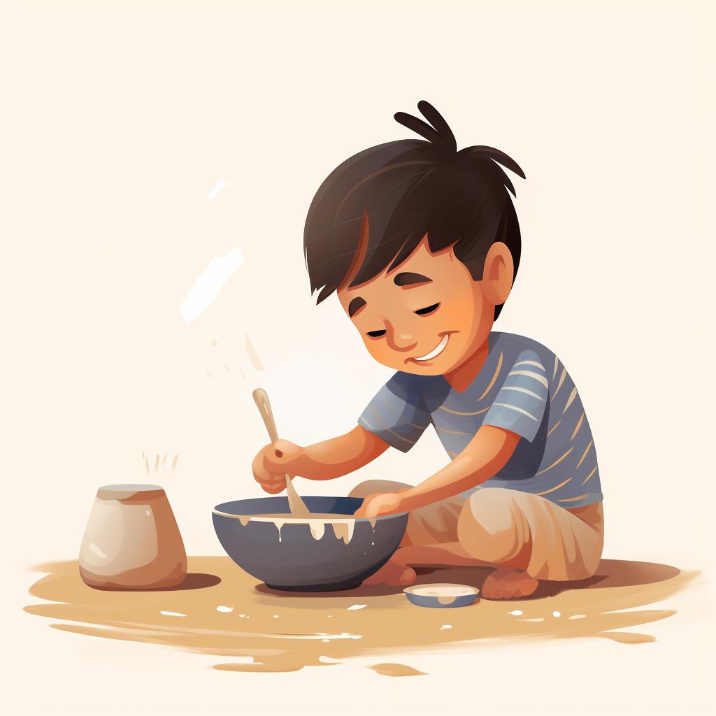Child painting the dried clay bowl and plate
