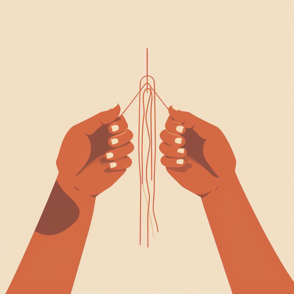 Hands threading string through painted clay shapes and tying them to a stick.