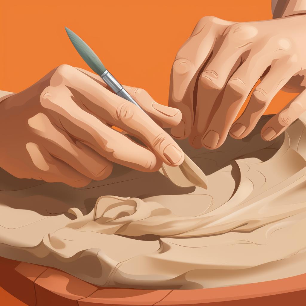 Close-up of hands using sculpting tools to add details to a clay sculpture