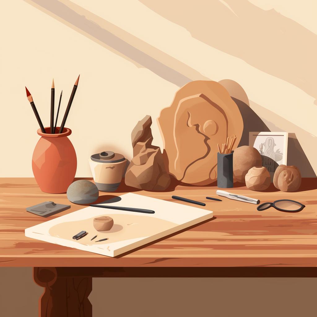 A table with crafts clay, sculpting tools, and a sketch on a piece of paper
