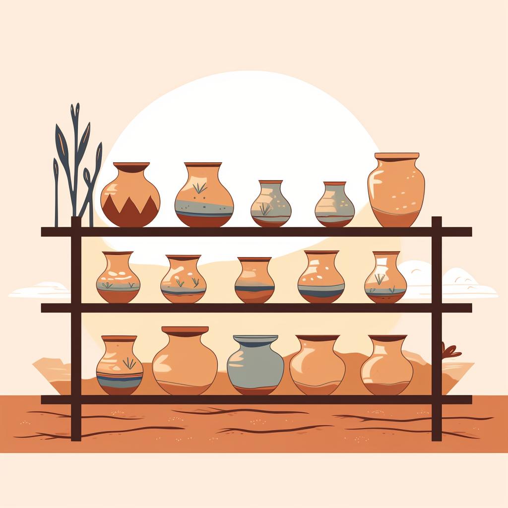 A clay pot drying on a shelf