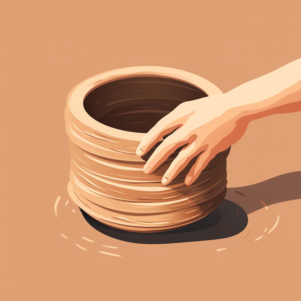 Hands shaping a clay cylinder